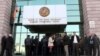 Armenia - People wait outside a district court building in Yerevan, 09Jan2012.