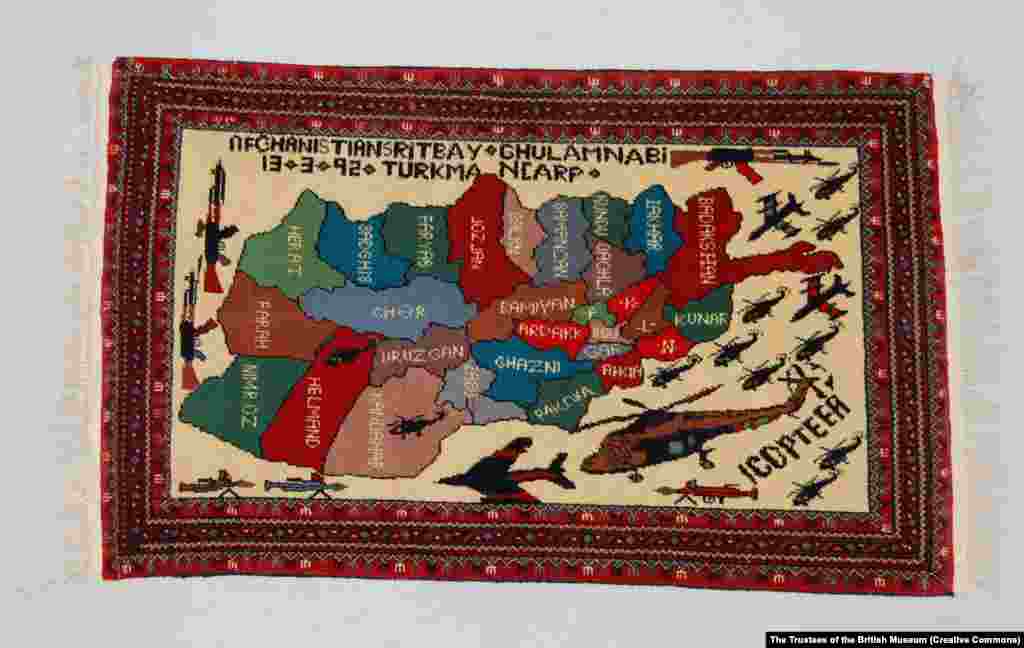 A rug made in 1992, during the Afghan civil war that broke out after the Soviet withdrawal, shows a swarm of military aircraft around a map of Afghanistan. 