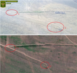 Місце ураження навчальних цілей на відео бойовиків (зверху) та на супутникових знімках (знизу)