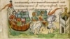 На фото: фрагмент 14-го листа Радзивіллівського літопису (список XV століття), що змальовує похід Віщого Олега на Царгород