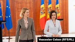 Șefa politicii externe și de securitate europene, Kaja Kallas, și președinta Maia Sandu, în urma unei conferințe de prese la președinția de la Chișinău, pe 8 mai 2025 