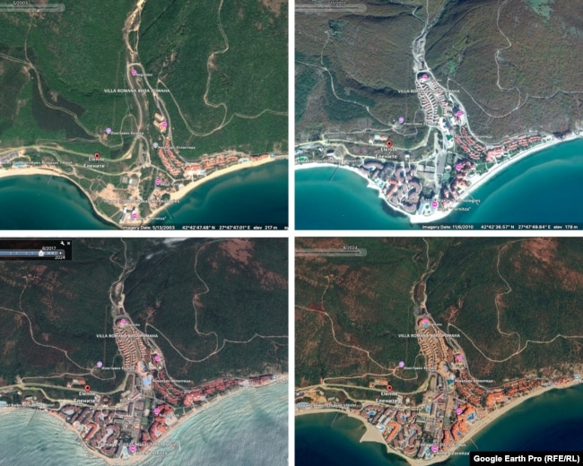 Застрояването на "Елените". Сателитни снимки от 2003, 2010, 2017 и 2024 г.