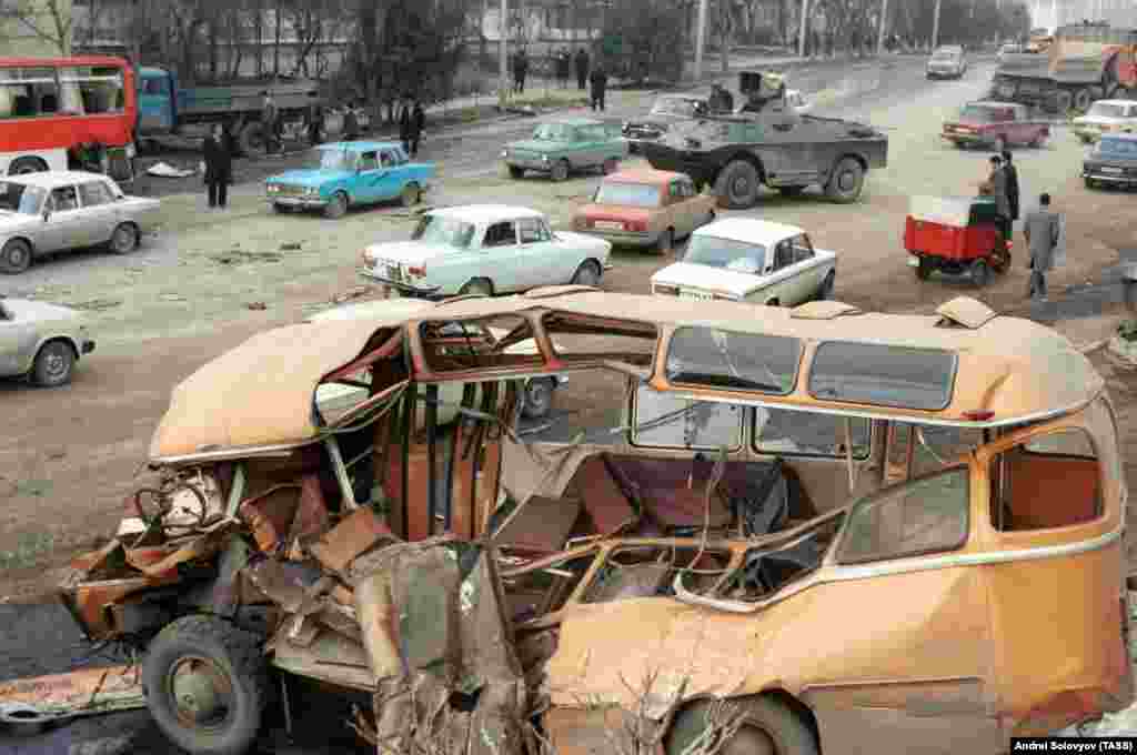 A destroyed bus on a Baku street after the January crackdown.&nbsp;Soviet Defense Minister Dmitry Yazov explained the attack saying, &quot;We came to destroy the political structure of the Popular Front to prevent their victory in the upcoming elections scheduled for March 19, 1990.&quot;