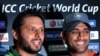 Pakistani cricket captain Shahid Afridi (left) with Indian captain Mahendra Singh Dhoni during a press conference at the Punjab Cricket Association Stadium in Mohali on March 29