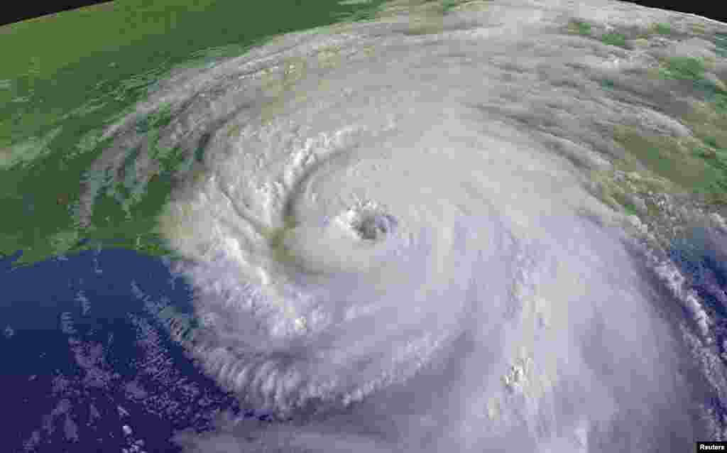 A National Oceanic and Atmospheric Administration (NOAA) satellite image shows Hurricane Katrina on the Louisiana coast shortly after making landfall on August 29, 2005.