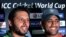 Pakistani cricket captain Shahid Afridi (left) with Indian captain Mahendra Singh Dhoni during a press conference at the Punjab Cricket Association Stadium in Mohali on March 29