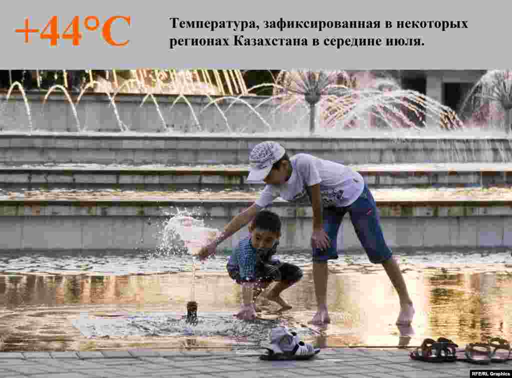 В Южно-Казахстанской, Кызылординской областях в середине июля зафиксирована очень сильная жара. Повышение температуры до 43 градусов наблюдалось на этой неделе в Алматинской, Карагандинской, Жамбылской и Восточно-Казахстанской областях.&nbsp;