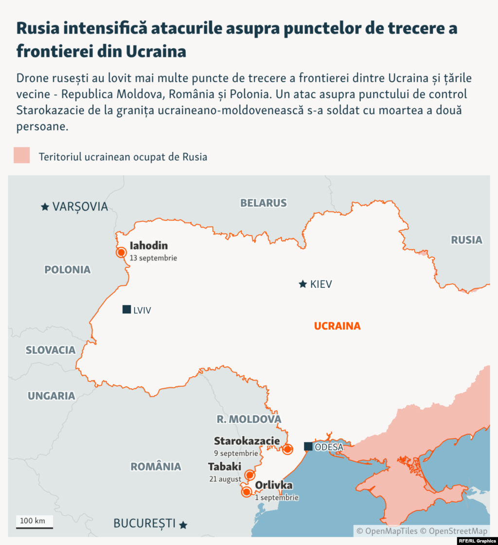 Harta atacurilor care au vizat infrastructura de frontieră de-a lungul graniței vestice a Ucrainei, începând cu sfârșitul lunii august.