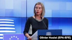 EU Foreign Policy Chief Federica Mogherini speaks during a press briefing in Brussels, November 26, 2018