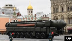 A Russian Yars RS-24 intercontinental ballistic missile system seen in the Victory Day military parade in Moscow.