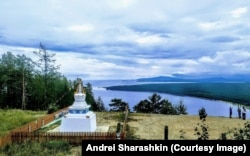 A Buddhist stupa overlooks Lake Baikal in August 2020.