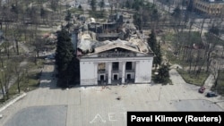 The theater in Mariupol is seen in April after the Russian bombing on March 16, in which hundreds of civilians, including children, were killed. 