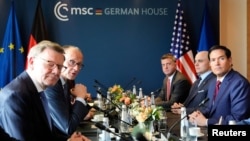US Secretary of State Marco Rubio (far right) meets with German Chancellor Friedrich Merz (second from left) in Munich on February 13.