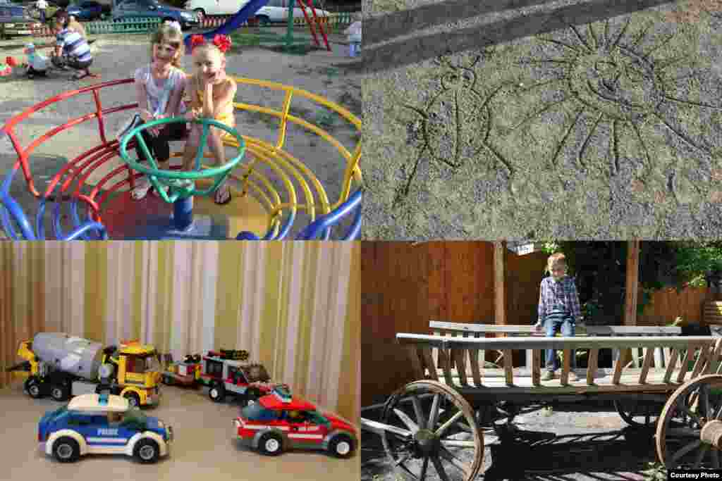 Bohdan, a 9-year-old boy from Ukraine, took photos of his friends Lera and Dasha at the playground; a sand drawing of a sun and a ladybug; his friend Dania posing on a wooden wagon; and his favorite Lego toys.