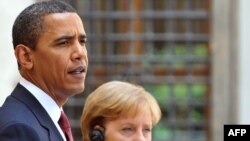 U.S. President Barack Obama and German Chancellor Angela Merkel at a meeting in Dresden on June 5.