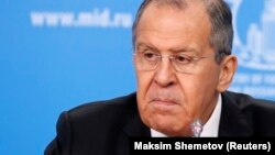 Russian Foreign Minister Sergei Lavrov speaks during his annual news conference in Moscow on January 16.