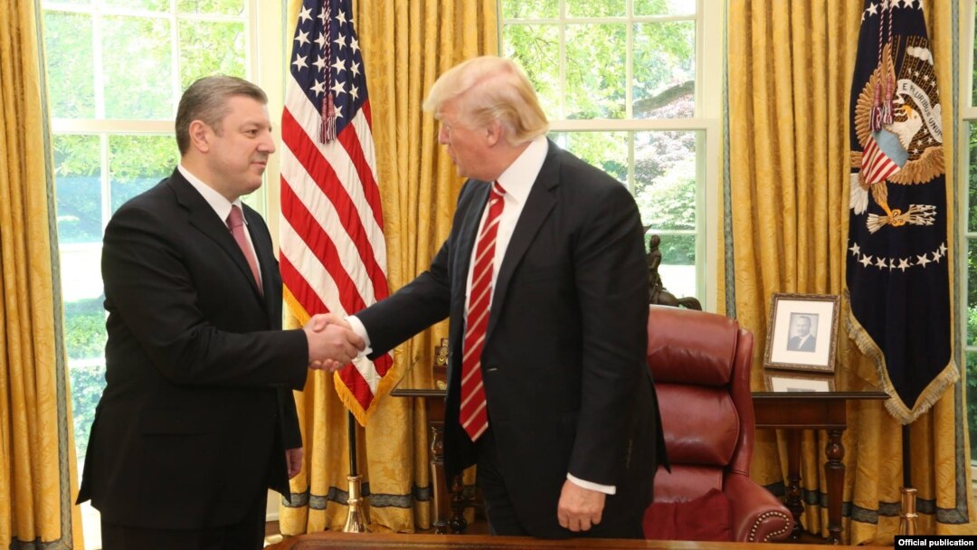 Georgian Prime Minister Giorgi Kvirikashvili (left) meets U.S. President Donald Trump at the White House on May 8. 