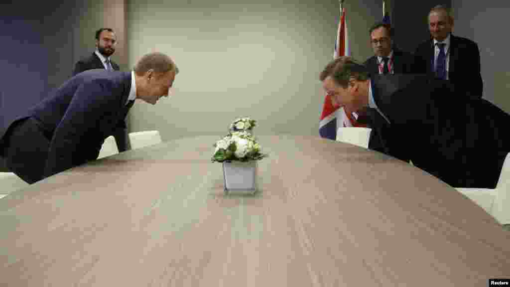 British Prime Minister David Cameron (right) and European Council President Donald Tusk attend a bilateral meeting ahead of a European Union leaders summit in Brussels. (Reuters/Olivier Hoslet)