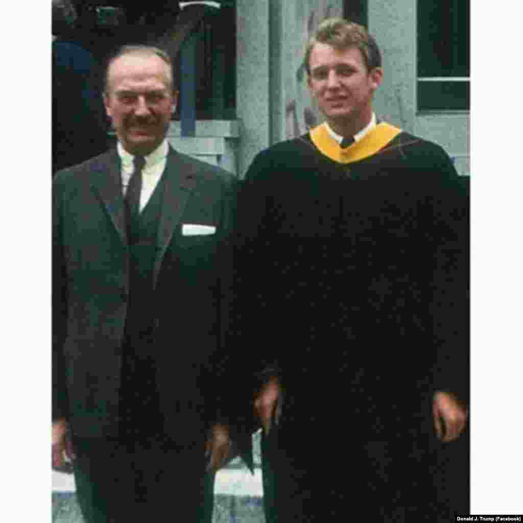 Trump poses with his father after graduating from the Wharton School of Business in 1968.