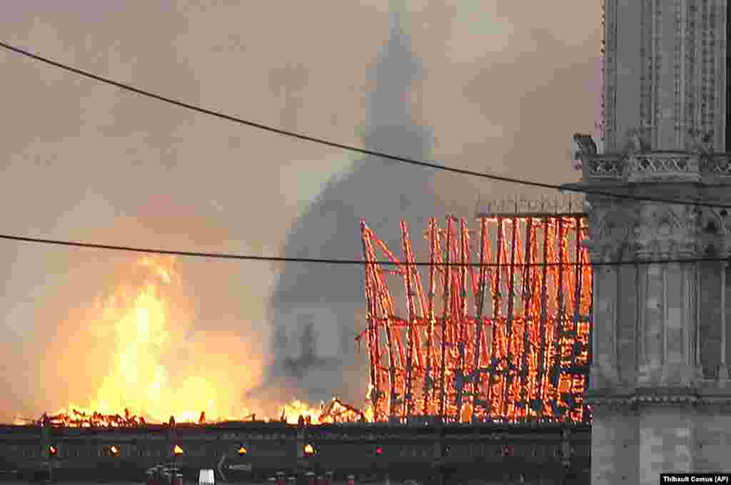 Flames rise from Notre Dame cathedral on April 15, 2019.