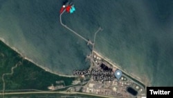 Satellite image from TankerTrackers.com showing arrival of the Iranian tanker. 