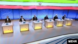 The six approved candidates in Iran's presidential election came together in Tehran on May 5 for the second of three live debates on state TV.