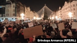 Protesters in Timisoara protest against pro-Russia Romanian presidential candidate Calin Georgescu on November 26.