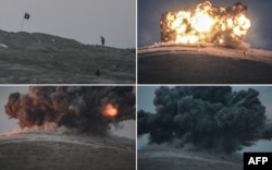 در تصاویر چهارگانه (از بالا سمت چپ) اعضای «حکومت اسلامی» که هدف حمله هوایی قرار می‌گیرند