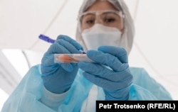 Медицинские сотрудники работают с тестом на коронавирус.