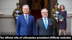 Прэзыдэнт Літвы Гітанас Наўседа разам з прэзыдэнтам Латвіі Эгілсам Левіцам каля ўвахода ў прэзыдэнцкі палац у Вільні