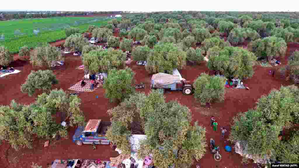 An aerial view shows displaced Syrians gathering in a field near a camp for displaced people in the village of Atme, in the jihadist-held northern Idlib Province (AFP/Aaref Watad)