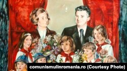 Nicolae şi Elena Ceauşescu în mijlocul unui grup de pioneri şi şoimi ai patriei (pictat de Cornelia Ionescu Drăguşin; oferit de Consiliul Naţional al Pionerilor; 1981); Sursa: comunismulinromania.ro (MNIR)