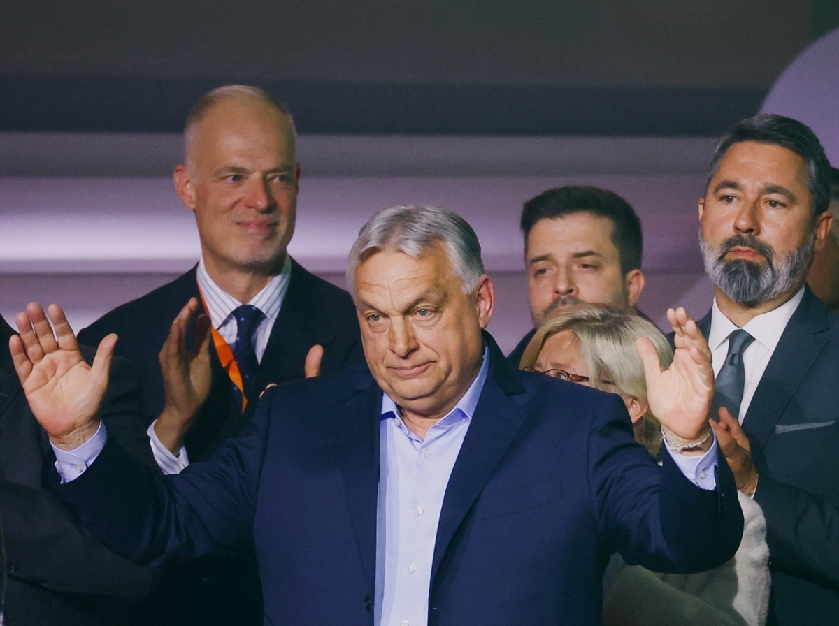 Hungarian Prime Minister Viktor Orban reacts to applause after preliminary parliamentary election results were announced in Budapest, Hungary, April 12, 2026.