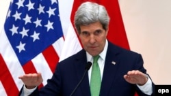 U.S. Secretary of State John Kerry talks to journalists during a joint press conference with Indonesia's foreign minister at the Foreign Ministry in Jakarta on February 17.