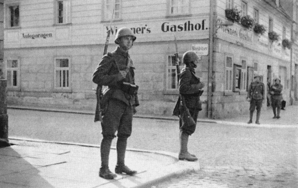 Czechoslovak Army soldiers patrol in the Sudetenland in the town of Krasna Lipa in September 1938, as tensions mounted in the country's German-speaking areas. Despite Soviet support against Hitler's demands, President Edvard Benes refused to fight without the backing of Britain and France.