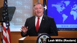U.S. Secretary of State Mike Pompeo addresses a news conference at the State Department in Washington, U.S., April 7, 2020. 