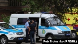 Kazakhstan. The car in which the police put the detained people. Almaty, 6 July 2021