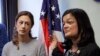 American-Iranian Negah Hekmati, left, looks on as Rep. Pramila Jayapal, D-Wash., addresses a news conference about Hekmati's ordeal during an hours-long delay returning to the U.S. from Cana. Seattle. January 6, 2020