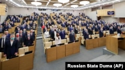 A parlament alsóházának számító Állami Duma ülése 2021. január 27-én, Moszkvában