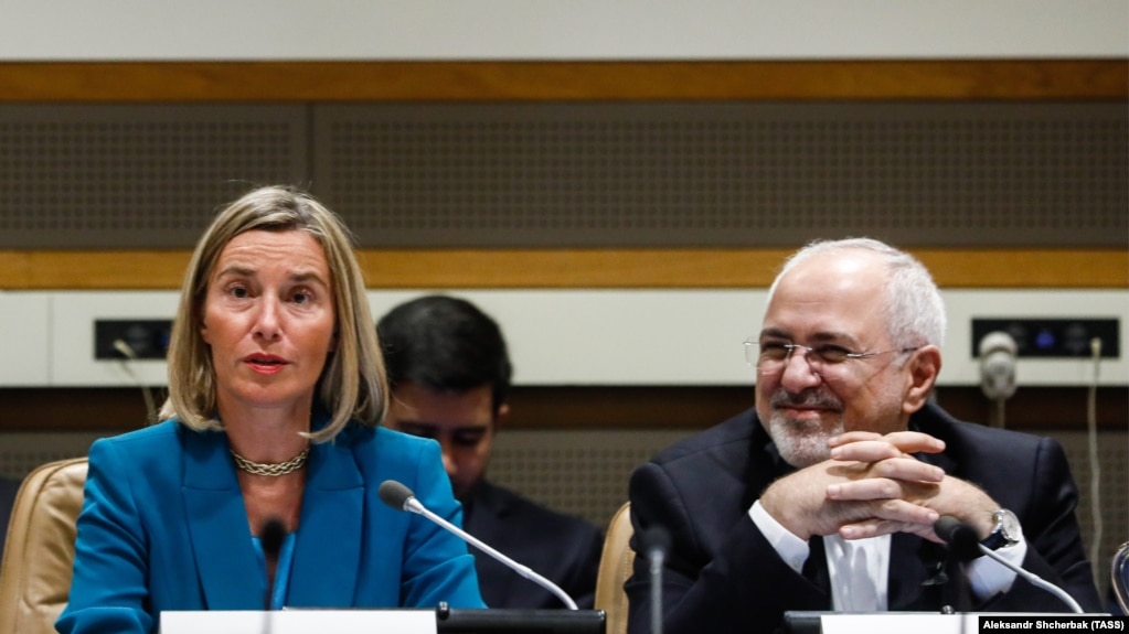 EU foreign policy chief Federica Mogherini (left) and Iranian Foreign Minister Mohammad Javad Zarif attend a ministerial meeting of the P5+1 countries and Iran held on the sidelines of the 73rd session of the UN General Assembly.