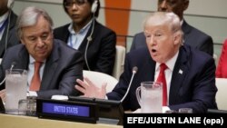 Генеральный секретарь ООН Антониу Гутерриш и президент США Дональд Трамп на заседании, посвященном реформе организации.