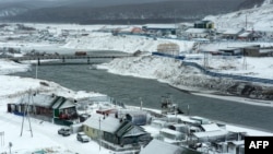 An aerial view of the town of Kurilsk on the island of Iturup, one of four islands known as the Kurile Islands in Russia