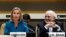 File - EU foreign policy chief Federica Mogherini (left) and Iranian Foreign Minister Mohammad Javad Zarif attend a ministerial meeting of the P5+1 countries and Iran held on the sidelines of the 73rd session of the UN General Assembly, September 2018.