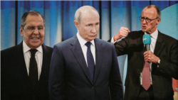 Министр иностранных дел Россиии Сергей Лавров, президент России Владимир Путин, канцлер Германии Фридрих Мерц (коллаж)