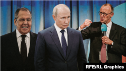 Министр иностранных дел Россиии Сергей Лавров, президент России Владимир Путин, канцлер Германии Фридрих Мерц (коллаж)