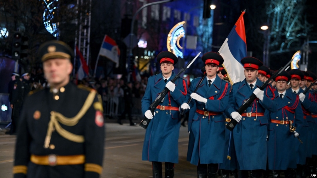 Bosnian Serb police officers march during a parade as part of a ceremony marking the Republika Srpska Day in Banja Luka on January 9, 2025.