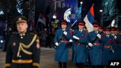 Bosnian Serb police officers march during a parade as part of a ceremony marking the Republika Srpska Day in Banja Luka on January 9, 2025.