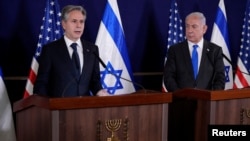 ԱՄՆ պետքարտուղար Էնթոնի Բլինքենի և Իսրայելի վարչապետ Բենյամին Նեթանյահուի համատեղ ասուլիսը Թել Ավիվում, 12-ը հոկտեմբերի, 2023թ.