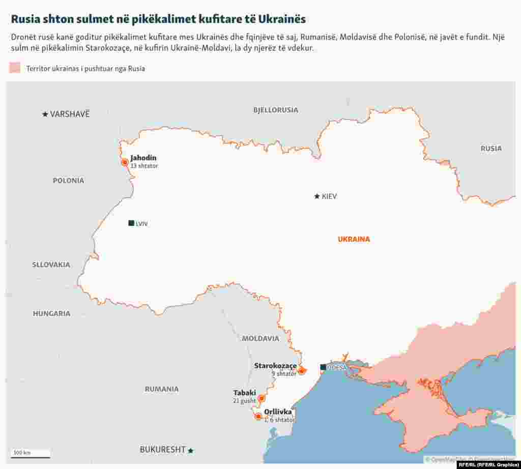 Një hartë që tregon sulmet që kanë goditur pikëkalimet kufitare përgjatë kufirit perëndimor të Ukrainës që nga fundi i gushtit.