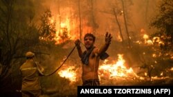 Lokalni stanovnik pomaže u gašenju požara u blizini sela pefki na Eviji, 8. avgust 2021. 